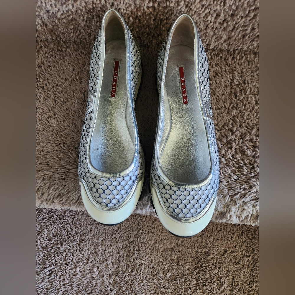 PRADA womens white and silver slip on shoes